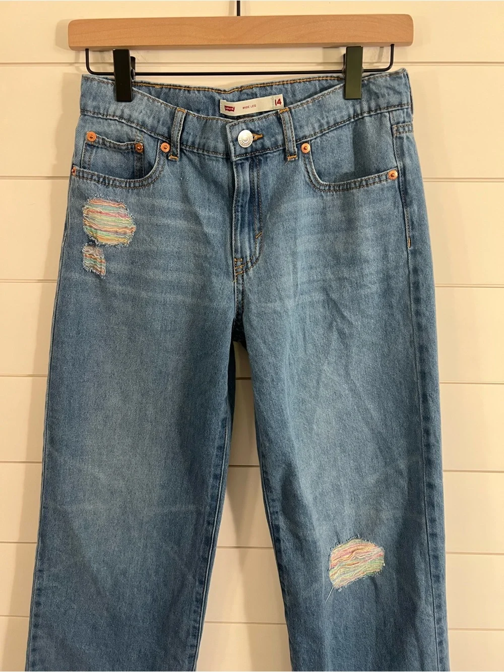 Girls Levi’s Wide Leg Distressed Jeans Size 14 Adjustable Waist Stretch Denim